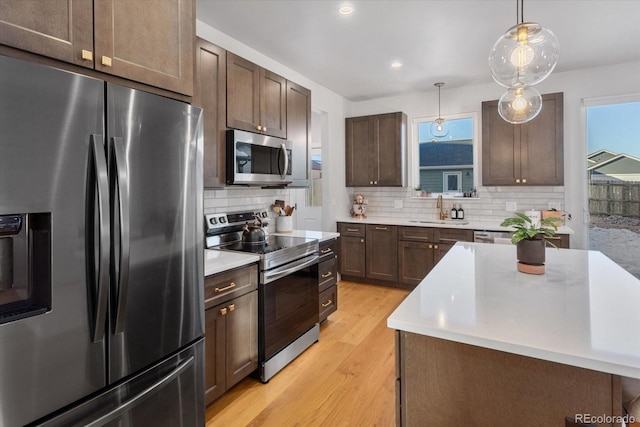 kitchen with sink, hanging light fixtures, appliances with stainless steel finishes, tasteful backsplash, and light hardwood / wood-style floors