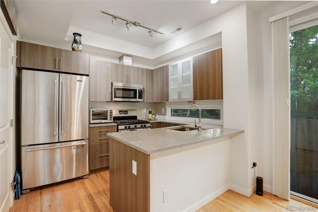 2138 N Glenarm Pl, Denver, CO 80205 - kitchen featuring appliances with stainless steel finishes, a sink, a peninsula, light stone counters, and light wood finished floors