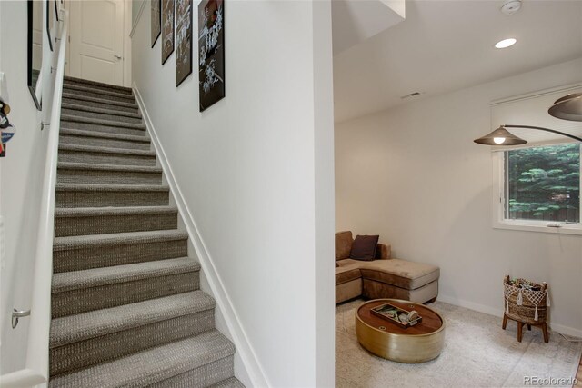 2138 N Glenarm Pl, Denver, CO 80205 - staircase featuring carpet flooring, recessed lighting, and baseboards