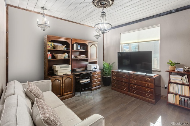 1124 E Poncha Ave, Poncha Springs, CO 81242 - living room with a chandelier, dark wood finished floors, ornamental molding, and a desk
