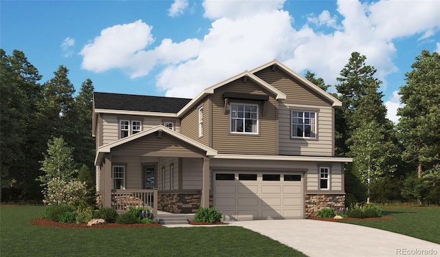 24970 E 42nd Ave, Aurora, CO 80019 - view of front of property with an attached garage, concrete driveway, stone siding, and a front yard