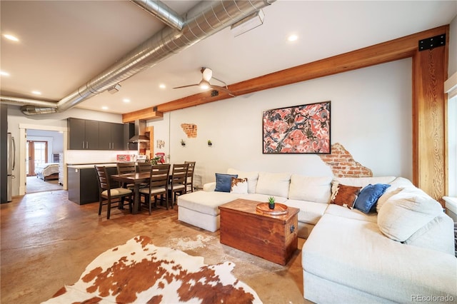 117 Elati St Unit 1, Denver, CO 80223 - living room with finished concrete flooring, recessed lighting, and a ceiling fan