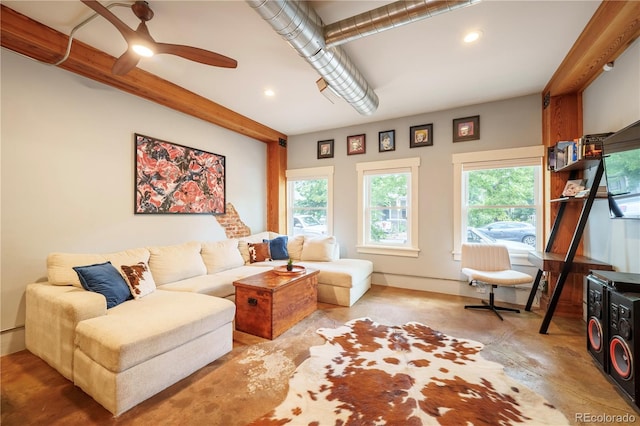 117 Elati St Unit 1, Denver, CO 80223 - living area with concrete floors, a ceiling fan, and recessed lighting