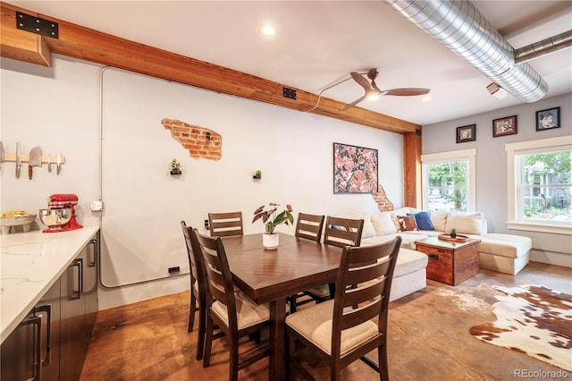 117 Elati St Unit 1, Denver, CO 80223 - dining space featuring finished concrete flooring, a ceiling fan, and recessed lighting