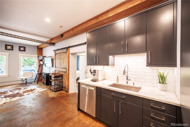 117 Elati St Unit 1, Denver, CO 80223 - kitchen with dishwasher, concrete flooring, tasteful backsplash, a barn door, and light stone counters