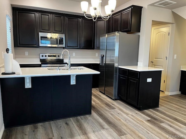 kitchen with light wood finished floors, visible vents, stainless steel appliances, and a sink