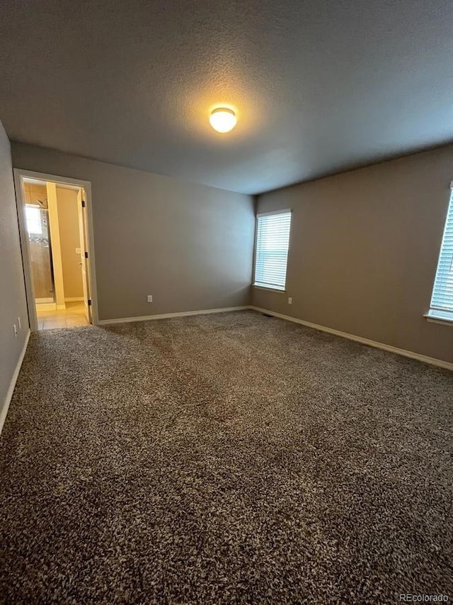 carpeted spare room with a textured ceiling and baseboards