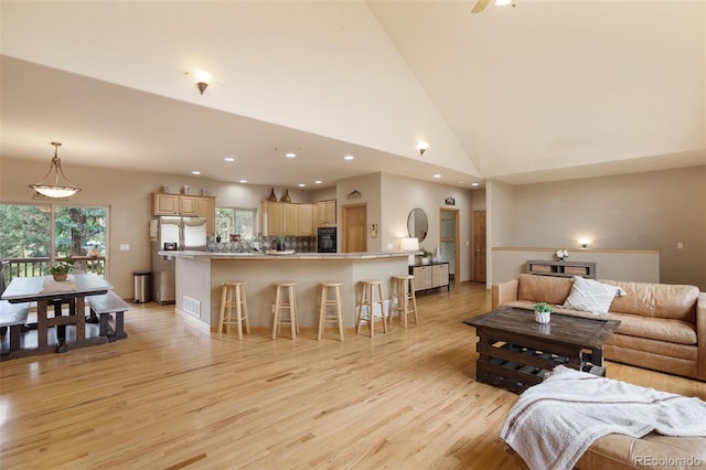 living room featuring light hardwood / wood-style floors and a high ceiling