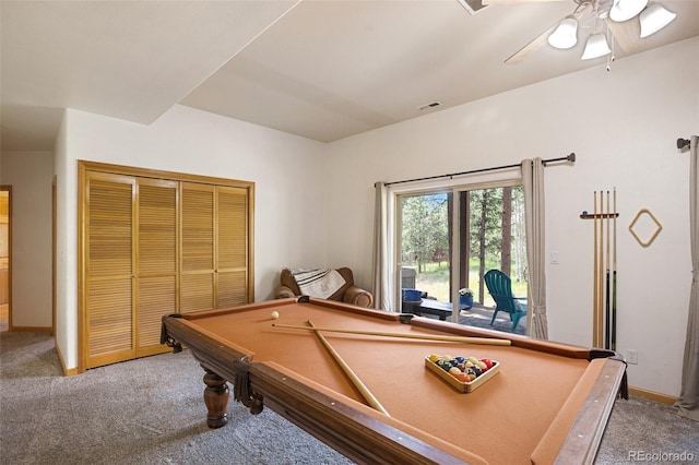 game room featuring ceiling fan, pool table, and carpet floors