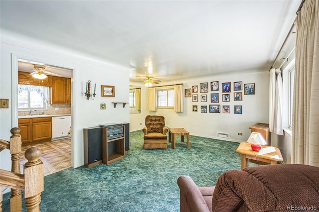 living area featuring sink and carpet floors