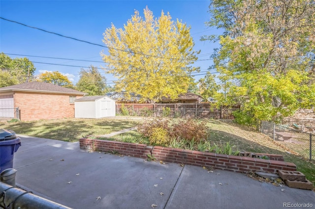 view of yard featuring a shed and a patio