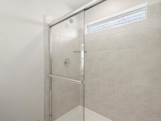 bathroom featuring a shower with shower door