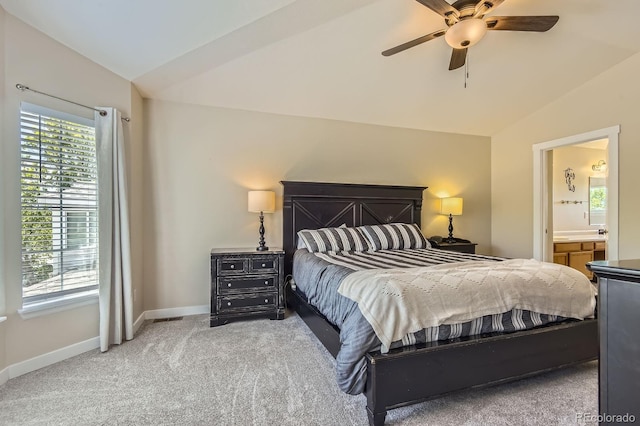 10155 Silver Maple Cir, Highlands Ranch, CO 80129 - carpeted bedroom with lofted ceiling, baseboards, ensuite bath, and ceiling fan