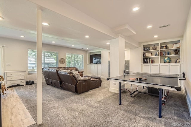 10155 Silver Maple Cir, Highlands Ranch, CO 80129 - rec room featuring recessed lighting, baseboards, wood finished floors, and built in shelves
