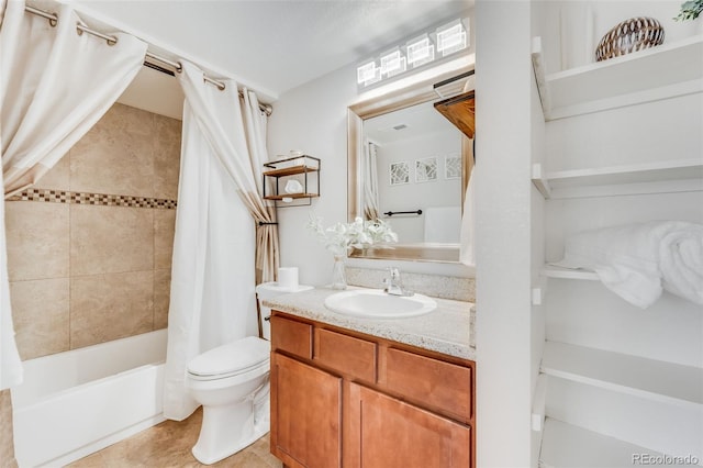 full bathroom with vanity, tile patterned flooring, toilet, and shower / bathtub combination with curtain