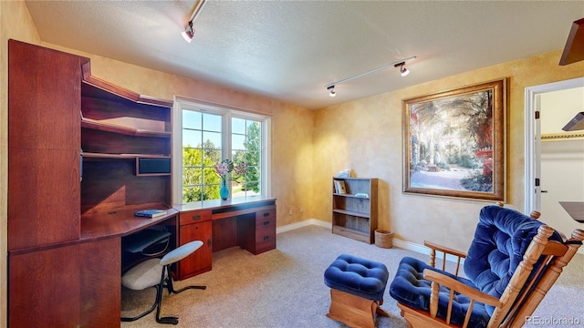 home office featuring a textured ceiling, light colored carpet, baseboards, and rail lighting