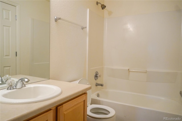 full bath with toilet, shower / bath combination, and vanity