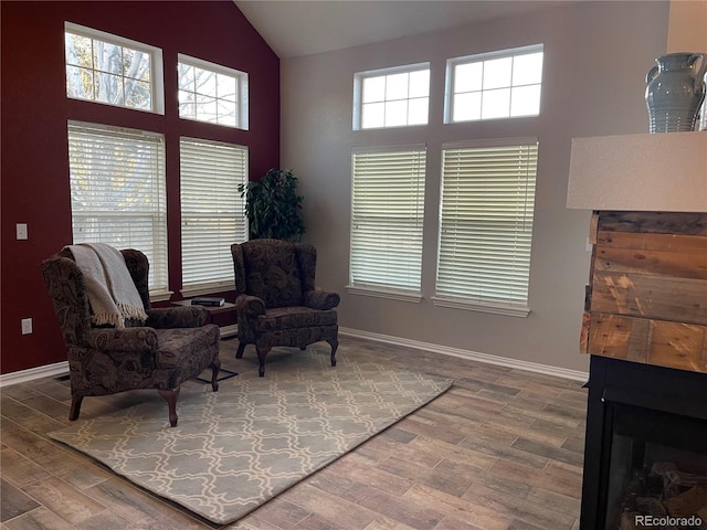 living area featuring wood finished floors, high vaulted ceiling, baseboards, and a fireplace