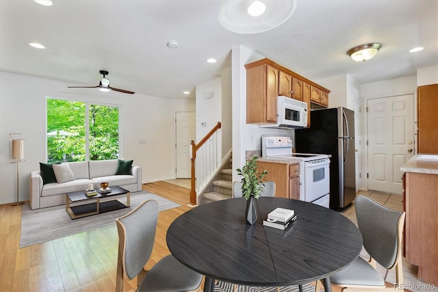 dining area with ceiling fan and light hardwood / wood-style flooring