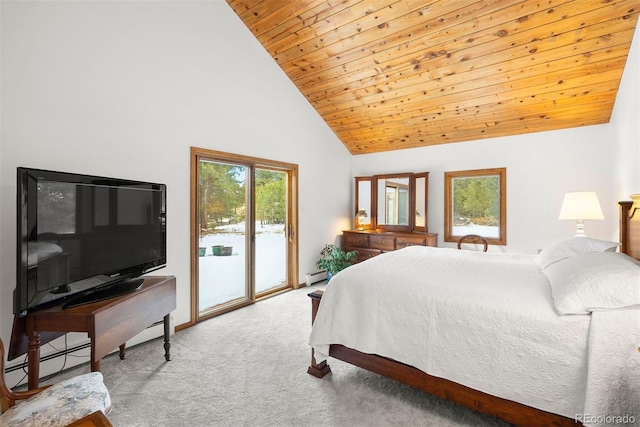 bedroom featuring baseboard heating, carpet flooring, high vaulted ceiling, access to outside, and wooden ceiling