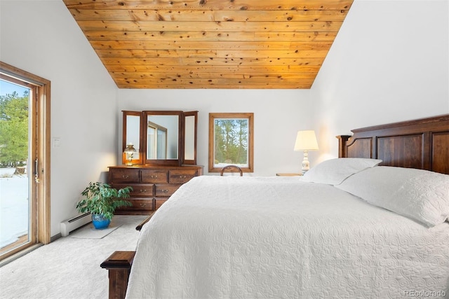 carpeted bedroom with vaulted ceiling, access to outside, a baseboard radiator, and wooden ceiling