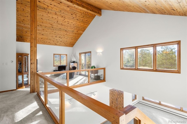 hallway featuring high vaulted ceiling, wooden ceiling, carpet flooring, an upstairs landing, and beam ceiling