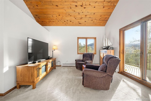 living room with baseboards, light colored carpet, lofted ceiling, wooden ceiling, and baseboard heating