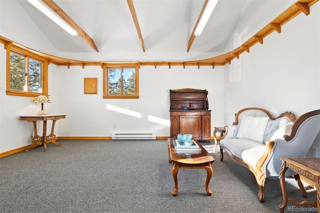 living area with a baseboard heating unit, a wealth of natural light, lofted ceiling with beams, and carpet