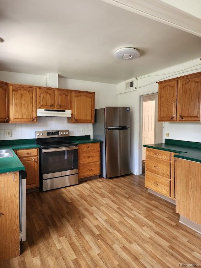 938 Salem St, Aurora, CO 80011 - kitchen featuring appliances with stainless steel finishes, under cabinet range hood, wood finished floors, and tasteful backsplash