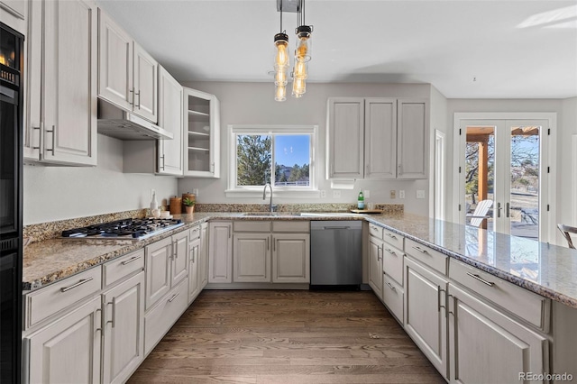 kitchen with plenty of natural light, glass insert cabinets, appliances with stainless steel finishes, under cabinet range hood, and a sink