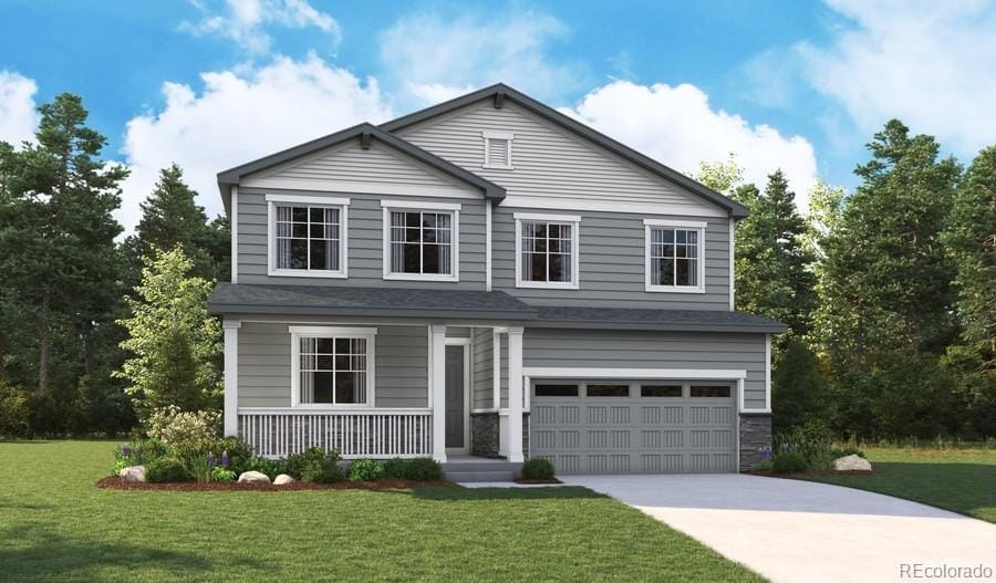 view of front facade featuring a front lawn, a porch, and a garage