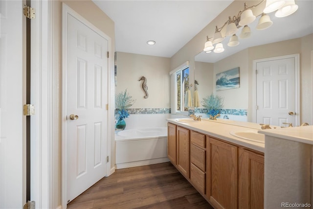 bathroom featuring a washtub, wood-type flooring, and vanity