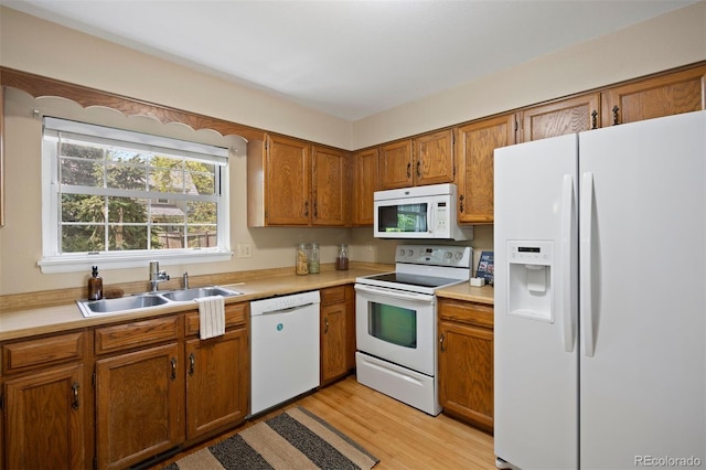 5808 E Hinsdale Pl, Centennial, CO 80112 - kitchen with white appliances, a sink, brown cabinets, and light countertops