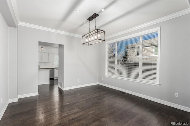 unfurnished dining area with dark wood-type flooring and crown molding