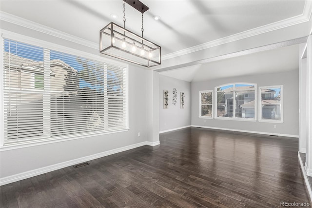 unfurnished dining area with crown molding and dark wood-type flooring