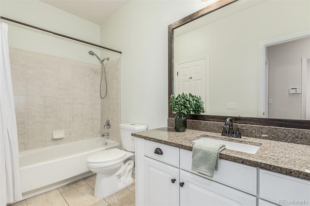 full bathroom featuring vanity, shower / tub combo, tile patterned floors, and toilet