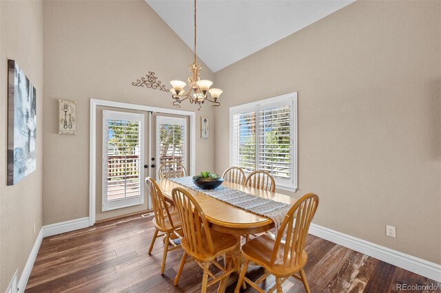 603 E 2nd Ave, Castle Rock, CO 80108 - dining room with high vaulted ceiling, dark wood-style flooring, a chandelier, and french doors