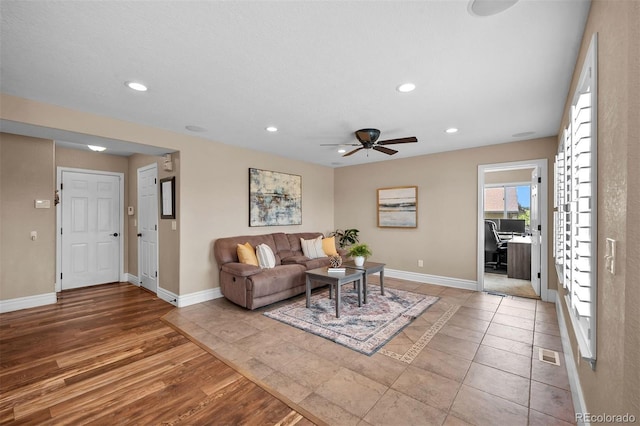 603 E 2nd Ave, Castle Rock, CO 80108 - living room with recessed lighting, ceiling fan, and light wood-style floors