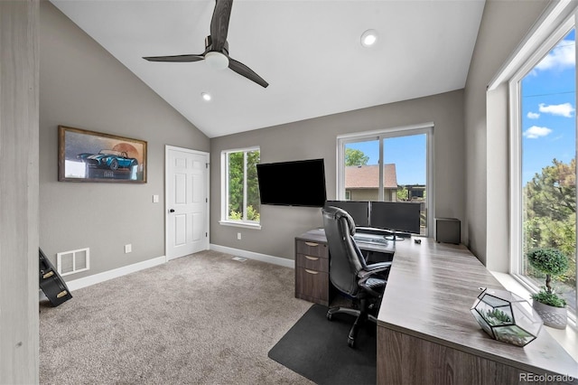 603 E 2nd Ave, Castle Rock, CO 80108 - home office with vaulted ceiling, a ceiling fan, carpet flooring, and recessed lighting