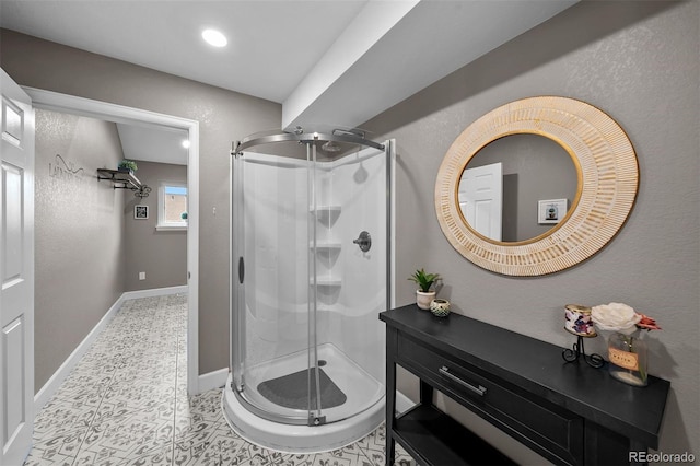603 E 2nd Ave, Castle Rock, CO 80108 - full bathroom featuring a shower stall, tile patterned floors, recessed lighting, and vanity