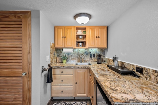603 E 2nd Ave, Castle Rock, CO 80108 - kitchen with wine cooler, a textured ceiling, light countertops, tasteful backsplash, and light brown cabinets