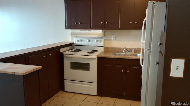 kitchen with dark brown cabinetry, white appliances, sink, and range hood