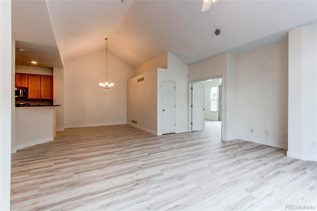 unfurnished living room with visible vents, lofted ceiling, and light wood finished floors