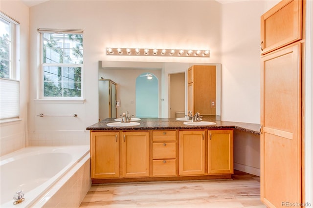 full bathroom featuring double vanity, lofted ceiling, a garden tub, and a sink