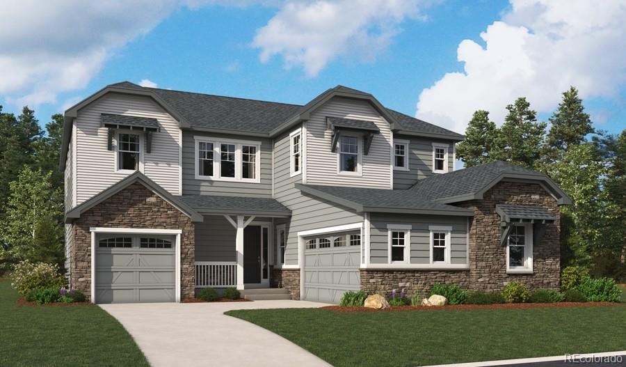 view of front facade featuring driveway, stone siding, a front yard, a shingled roof, and a garage