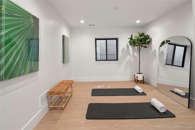 1195 S Milwaukee St, Denver, CO 80210 - exercise room featuring wood finished floors, baseboards, and recessed lighting