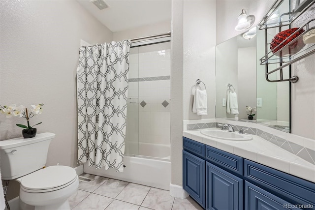 bathroom with visible vents, toilet, tile patterned floors, shower / bathtub combination with curtain, and vanity