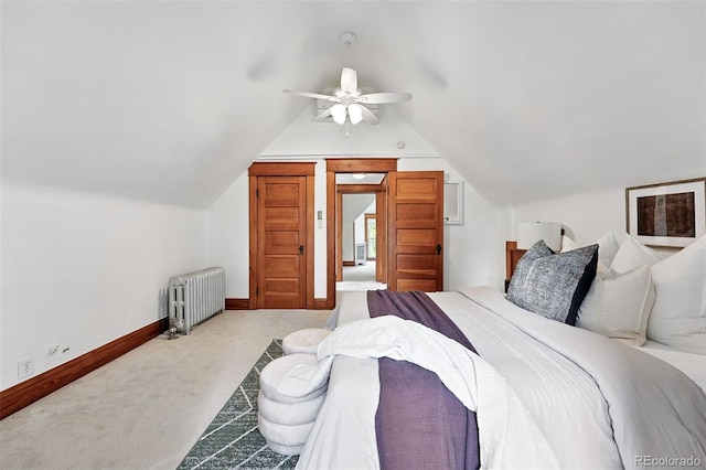 3330 W 30th Ave, Denver, CO 80211 - carpeted bedroom with radiator heating unit, lofted ceiling, baseboards, and ceiling fan