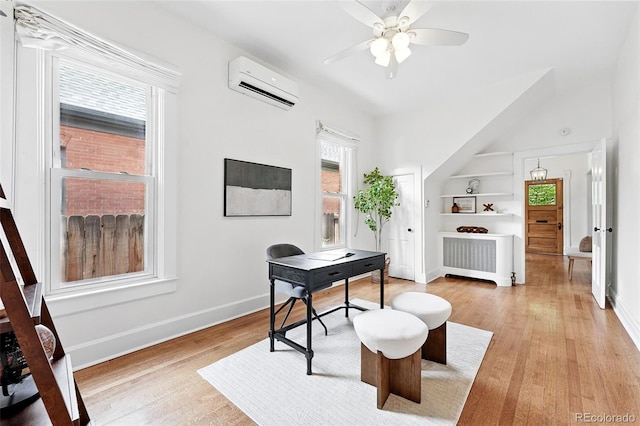 3330 W 30th Ave, Denver, CO 80211 - office with an AC wall unit, radiator, light wood-type flooring, ceiling fan, and baseboards