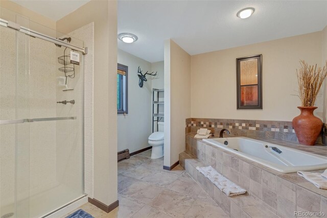 bathroom with independent shower and bath, tile patterned flooring, baseboard heating, and toilet